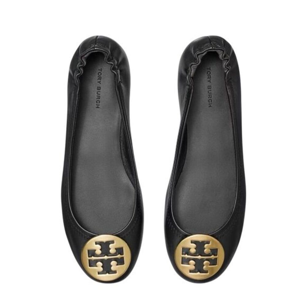 Tory Burch Women's Minnie Black Leather Ballet Flats Size 7 Gold Logo